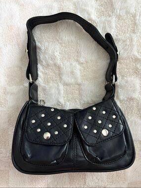 Black Quilted Studded Shoulder Bag - Women